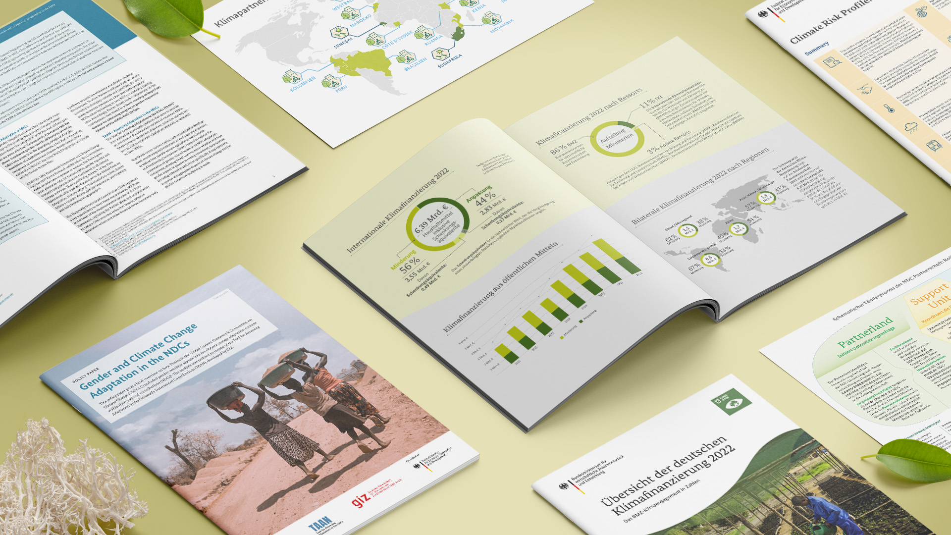 Climate financing brochures, flat lay