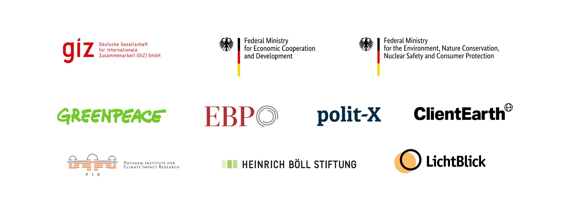 Client logos: GIZ, Federal Ministry for Economic Cooperation and Development, Federal Ministry for the Environment, Greenpeace, EBP, polit-X, ClientEarth, Potsdam Institute for Climate Impact Research, Heinrich Böll Stiftung, LichtBlick